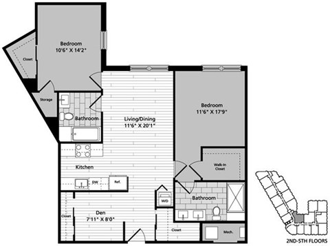 Floor plan for 2 beds, 2 baths, 1039 sqft
