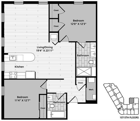 Floor plan for 2 beds, 2 baths, 1122 sqft