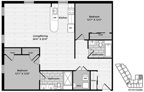 Floor plan for 2 beds, 2 baths, 1122 sqft