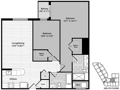 Floor plan for 2 beds, 2 baths, 1123 sqft