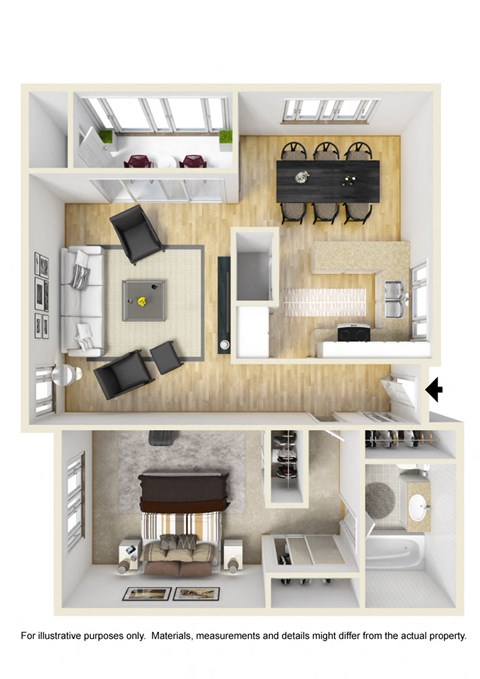 Floor plan for 1 bed, 1 bath, 721 sqft