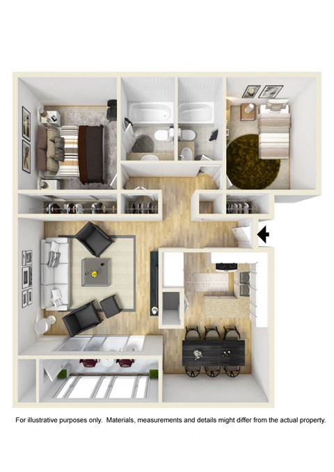 Floor plan for 2 beds, 2 baths, 956 sqft