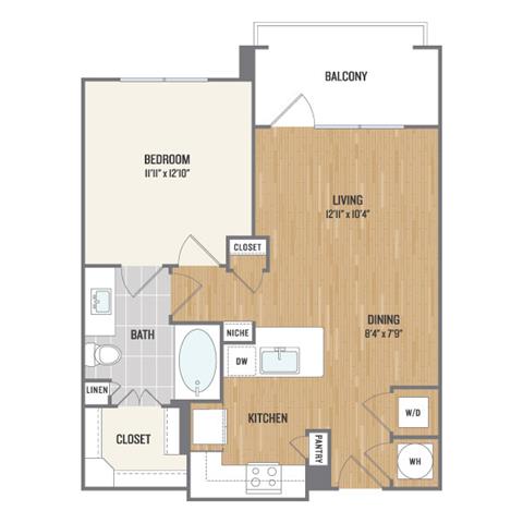 Floor plan for 1 bed, 1 bath, 682 sqft