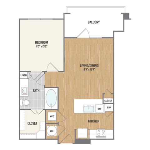 Floor plan for 1 bed, 1 bath, 661 sqft