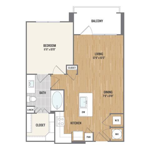 Floor plan for 1 bed, 1 bath, 740 sqft