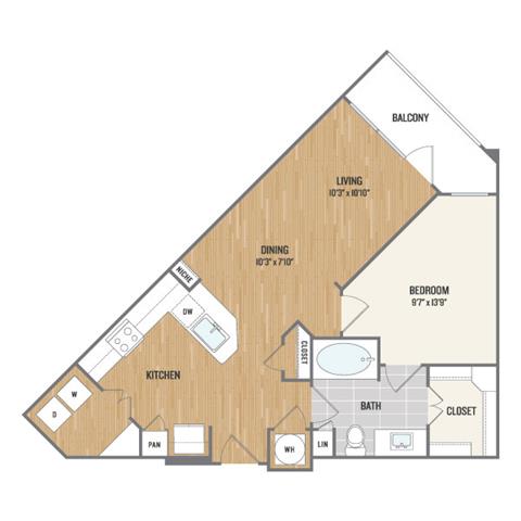 Floor plan for 1 bed, 1 bath, 735 sqft