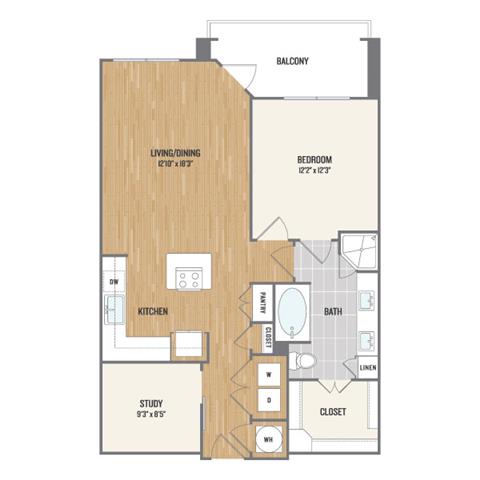 Floor plan for 1 bed, 1 bath, 906 sqft
