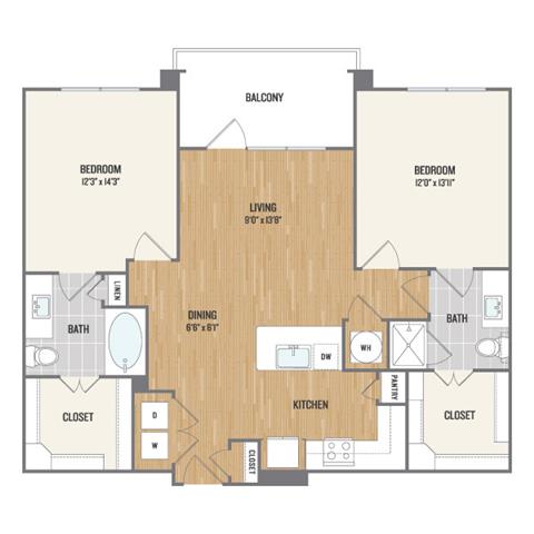 Floor plan for 2 beds, 2 baths, 1090 sqft