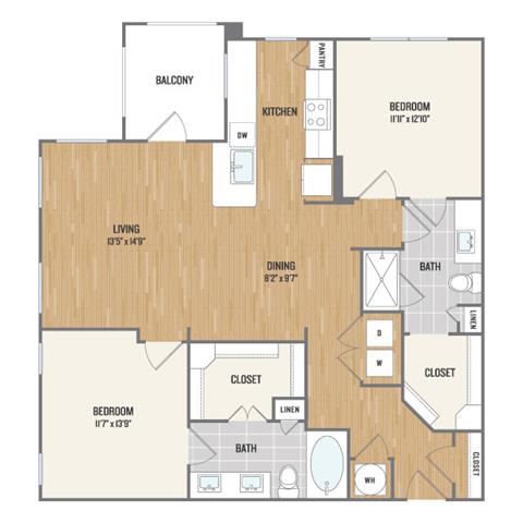 Floor plan for 2 beds, 2 baths, 1162 sqft