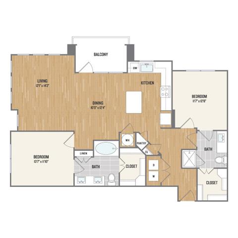 Floor plan for 2 beds, 2 baths, 1213 sqft
