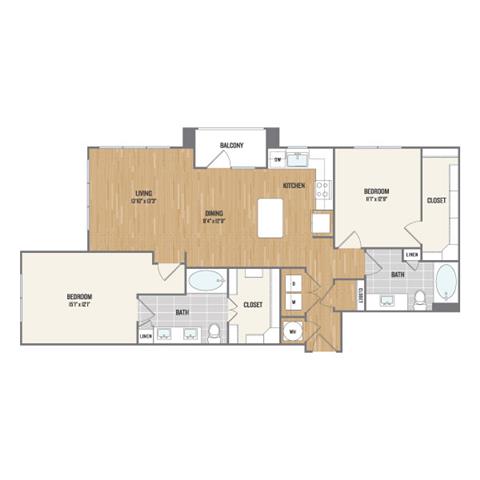 Floor plan for 2 beds, 2 baths, 1226 sqft