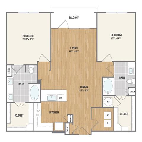 Floor plan for 2 beds, 2 baths, 1281 sqft