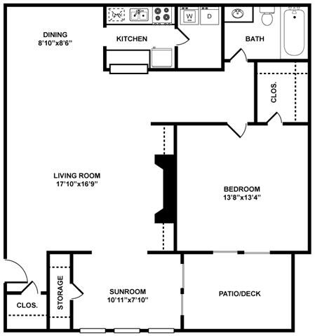 Floor plan for 1 bed, 1 bath, 1005 sqft