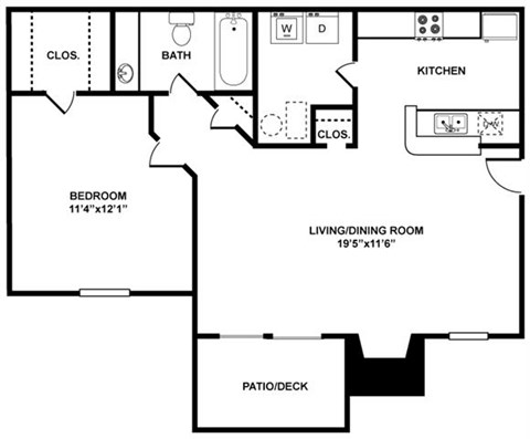 Floor plan for 1 bed, 1 bath, 650 sqft