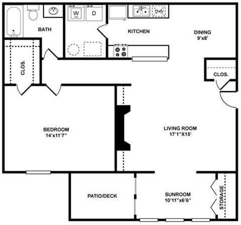Floor plan for 1 bed, 1 bath, 875 sqft