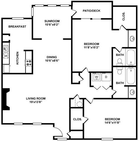 Floor plan for 2 beds, 2 baths, 1355 sqft
