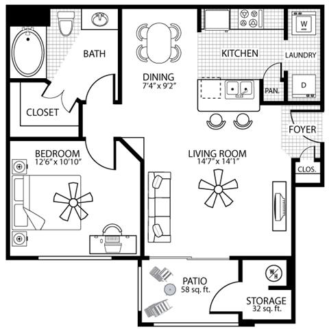 Floor plan for 1 bed, 1 bath, 715 sqft