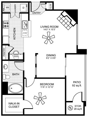 Floor plan for 1 bed, 1 bath, 820 sqft