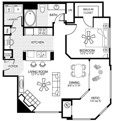 Floor plan for 1 bed, 1 bath, 850 sqft