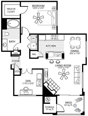 Floor plan for 1 bed, 1 bath, 975 sqft