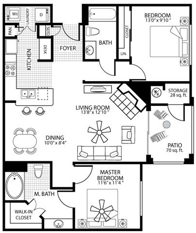 Floor plan for 2 beds, 2 baths, 1073 sqft