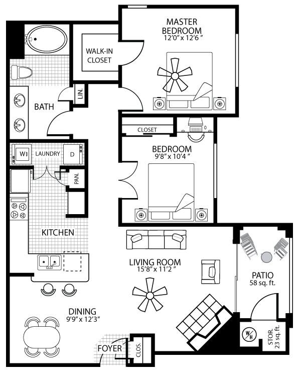 Floor plan for 2 beds, 1 bath, 970 sqft