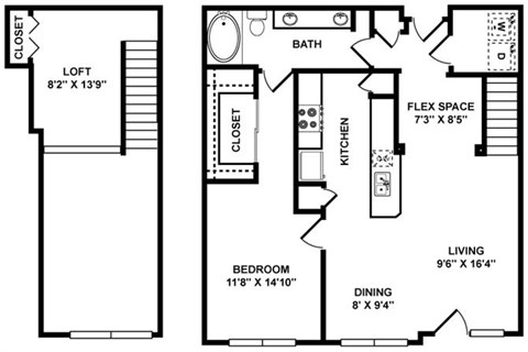 Floor plan for 1 bed, 1 bath, 1071 sqft