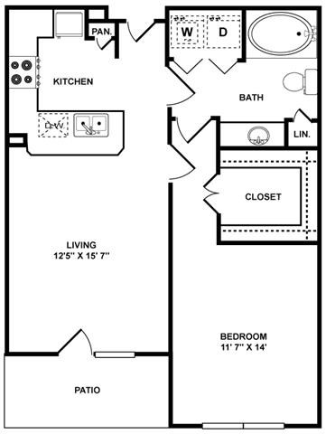 Floor plan for 1 bed, 1 bath, 686 sqft