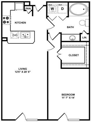 Floor plan for 1 bed, 1 bath, 752 sqft