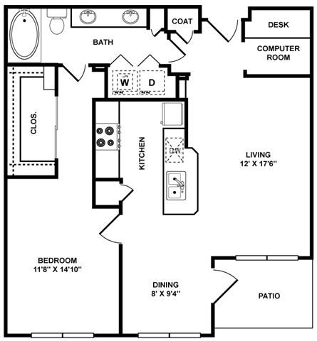 Floor plan for 1 bed, 1 bath, 886 sqft