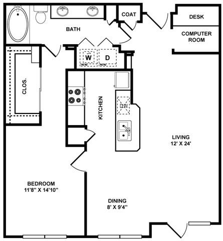 Floor plan for 1 bed, 1 bath, 947 sqft