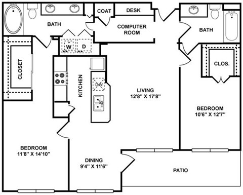Floor plan for 2 beds, 2 baths, 1139 sqft