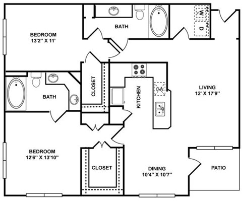 Floor plan for 2 beds, 2 baths, 1175 sqft