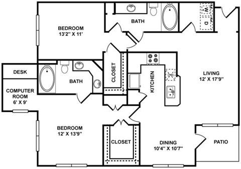 Floor plan for 2 beds, 2 baths, 1232 sqft