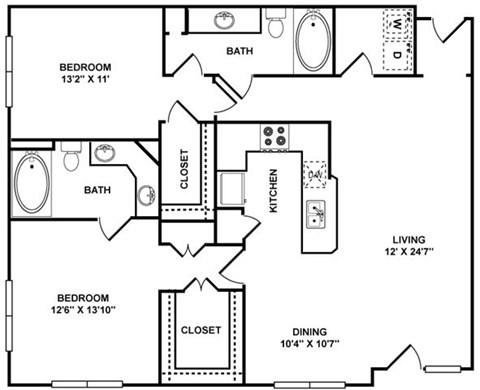 Floor plan for 2 beds, 2 baths, 1235 sqft