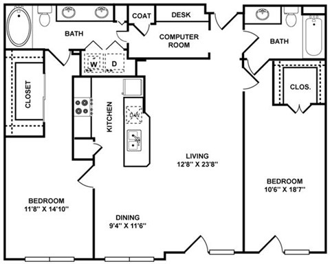 Floor plan for 2 beds, 2 baths, 1257 sqft