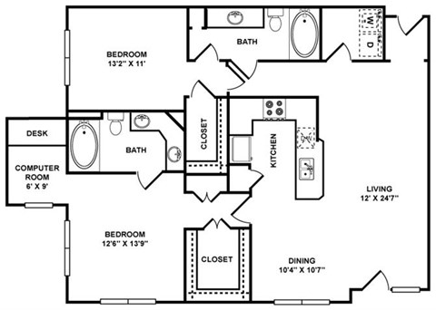 Floor plan for 2 beds, 2 baths, 1292 sqft