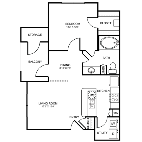 Floor plan for 1 bed, 1 bath, 699 sqft