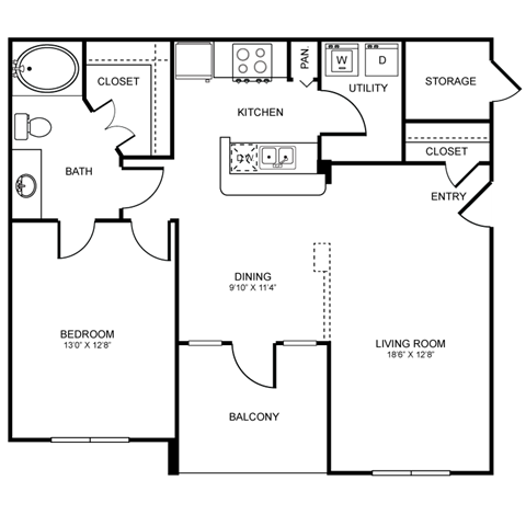 Floor plan for 1 bed, 1 bath, 803 sqft