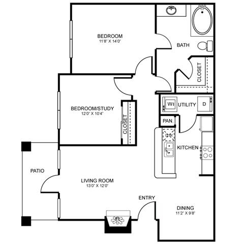 Floor plan for 2 beds, 1 bath, 947 sqft