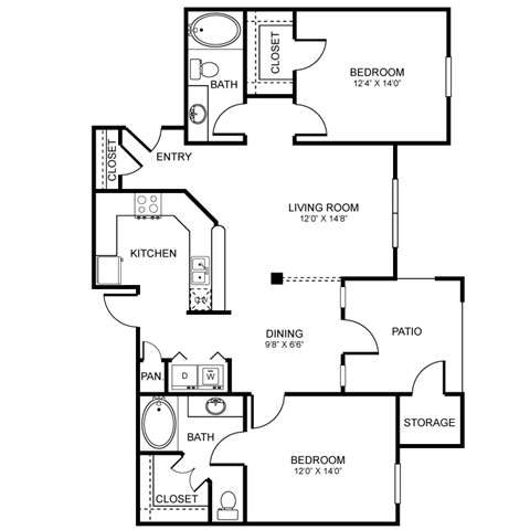 Floor plan for 2 beds, 2 baths, 1131 sqft