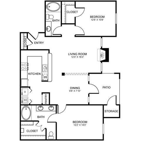 Floor plan for 2 beds, 2 baths, 1202 sqft