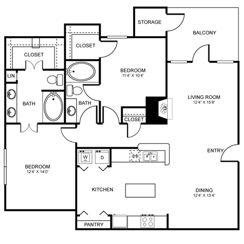 Floor plan for 2 beds, 2 baths, 1269 sqft