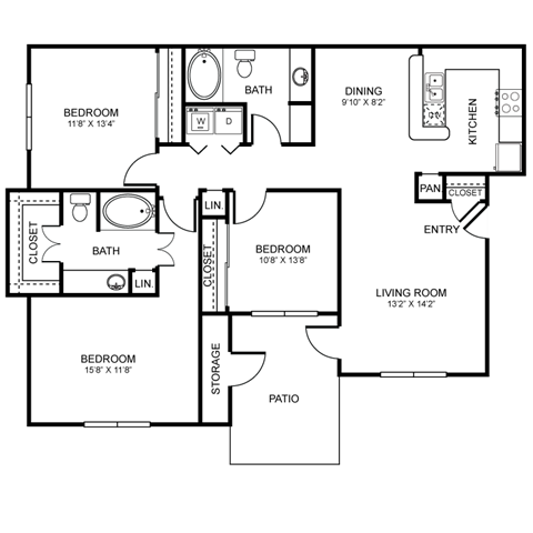 Floor plan for 3 beds, 2 baths, 1352 sqft