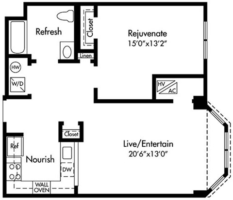 Floor plan for 1 bed, 1 bath, 797 sqft