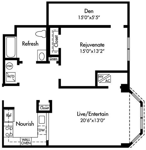 Floor plan for 1 bed, 1 bath, 890 sqft