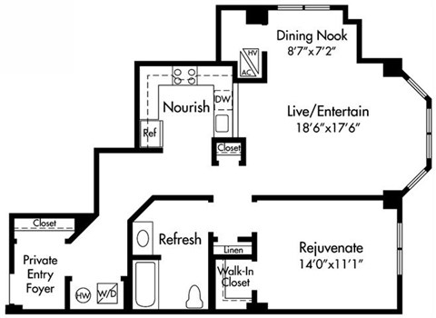 Floor plan for 1 bed, 1 bath, 941 sqft