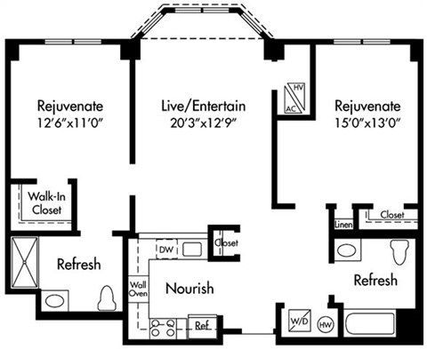 Floor plan for 2 beds, 2 baths, 1072 sqft