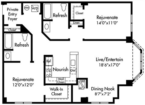 Floor plan for 2 beds, 2 baths, 1214 sqft