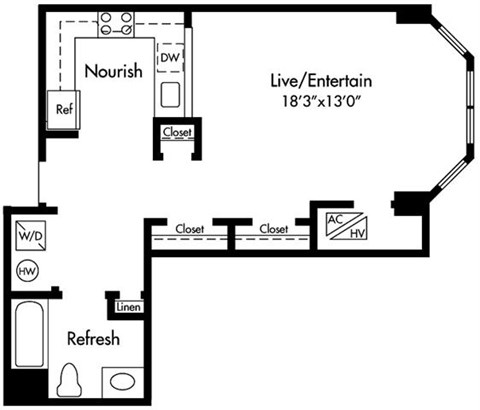 Floor plan for studio, 1 bath, 607 sqft